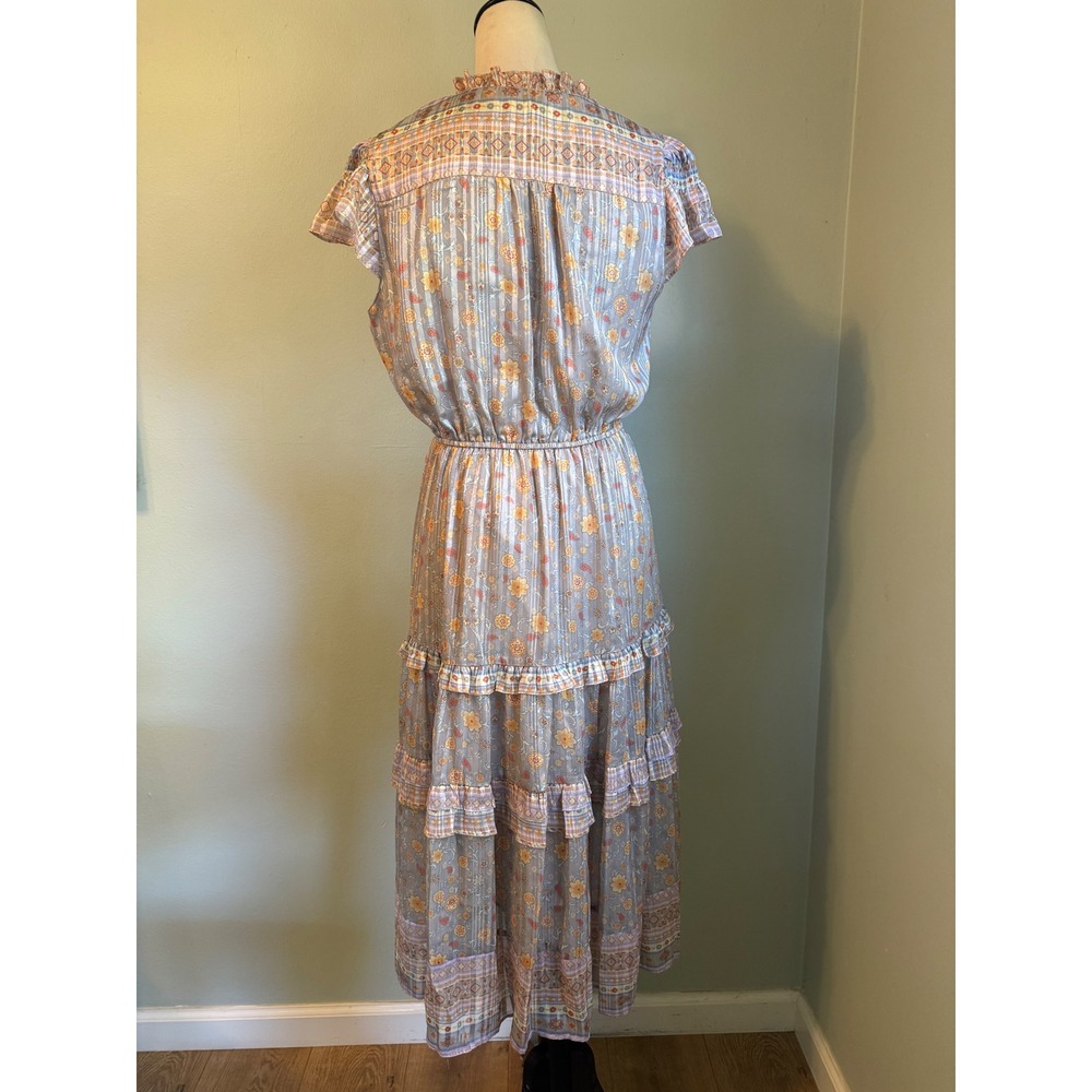 Current Air boho Floral Metallic Pleated Tiered Midi Dress Sm whimsigoth fairy - Picture 3 of 7